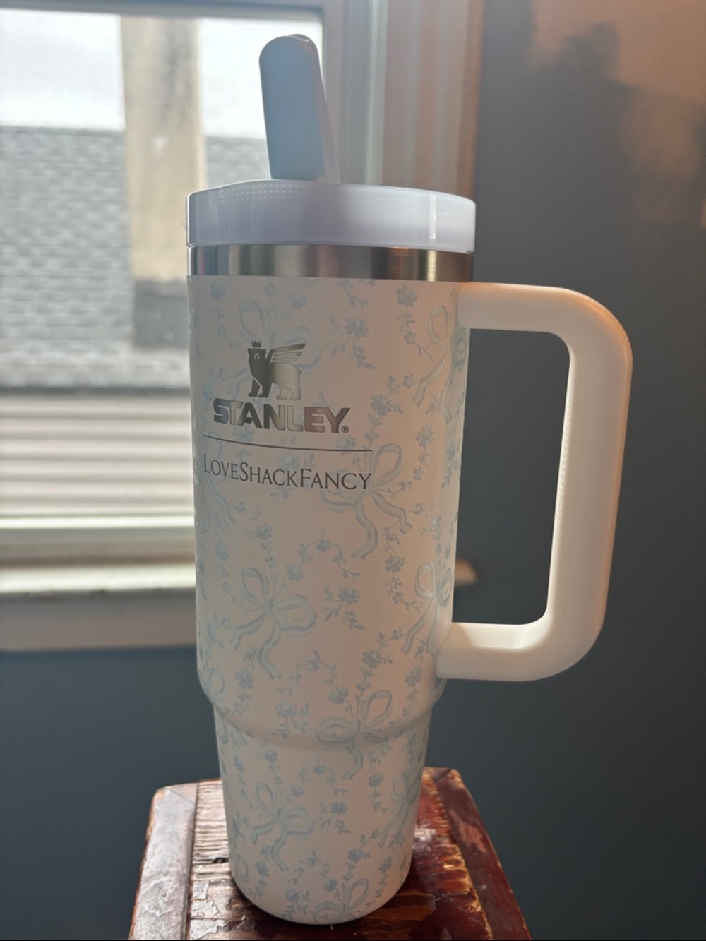 Stanley White Travel Mug with Pale Blue Floral Bow Pattern 30oz